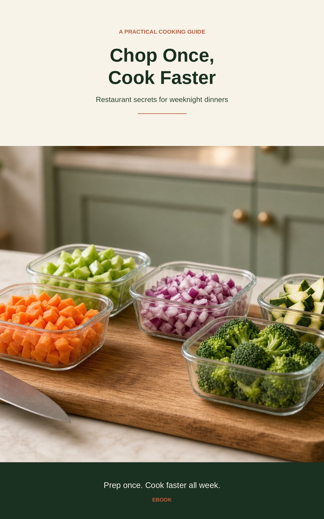 Cover of Chop Once, Cook Faster — glass prep containers of chopped vegetables on a wooden cutting board